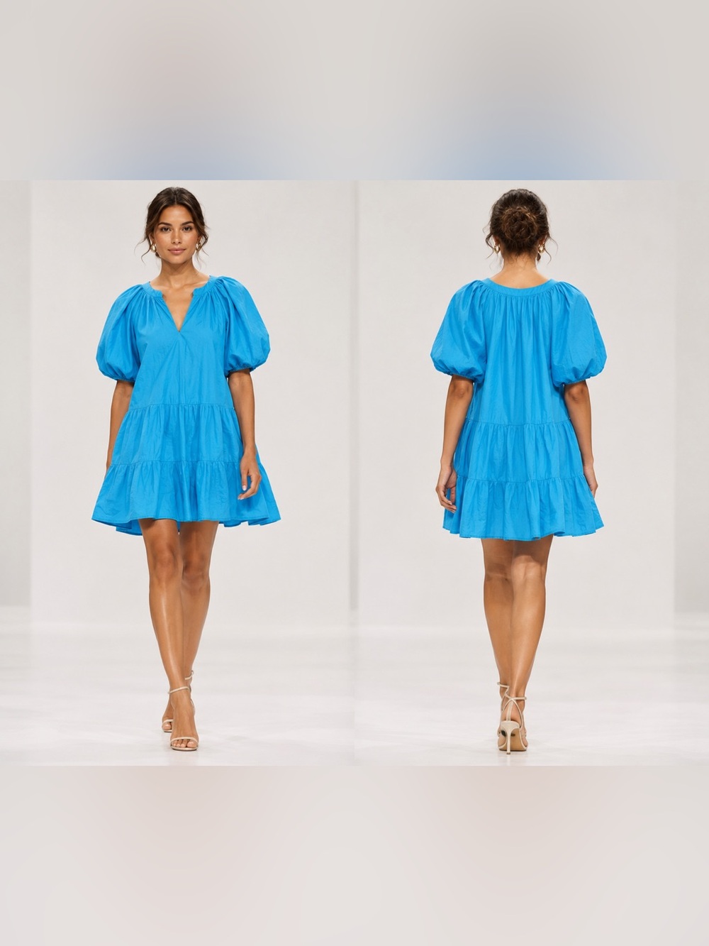 Japna Blue 100% Cotton Tiered Puff Sleeve Dress - S
